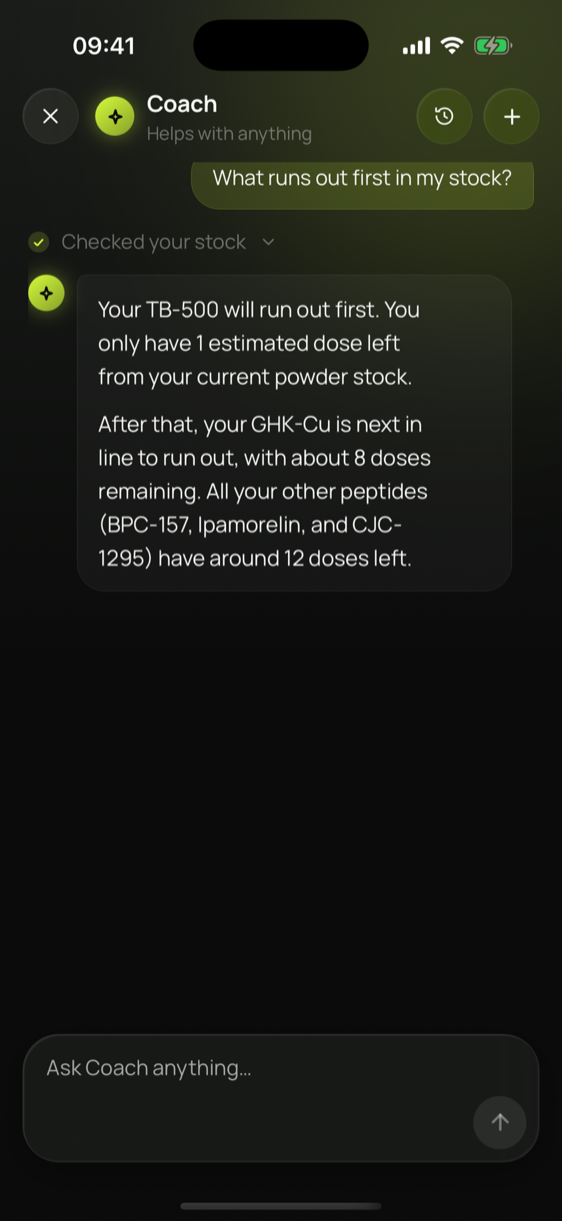 Coach answering “What runs out first in my stock?” after reading the user’s stock: TB-500 first, with one dose left.