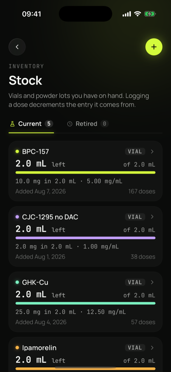 The Stock screen listing five vials with volume remaining, concentration, and estimated doses left.