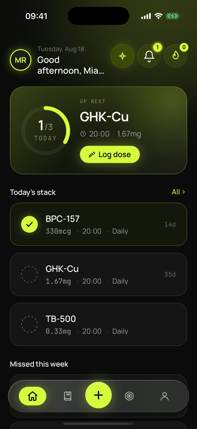 The Polypep Today screen: an Up Next card for GHK-Cu at 20:00, and today’s stack of BPC-157, GHK-Cu and TB-500.